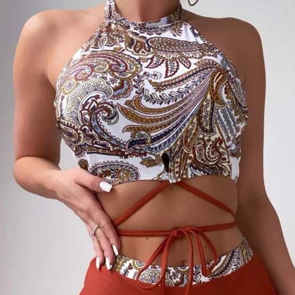 S Bandana Print Bikini Top Halter Swim Bathing Suit Swimsuit White Brown Small - Picture 3 of 5